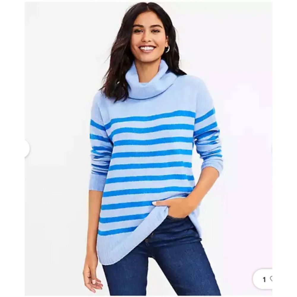 Blue Striped LOFT Cowl Neck Pullover Long Sleeve Tunic Sweater (NWT)